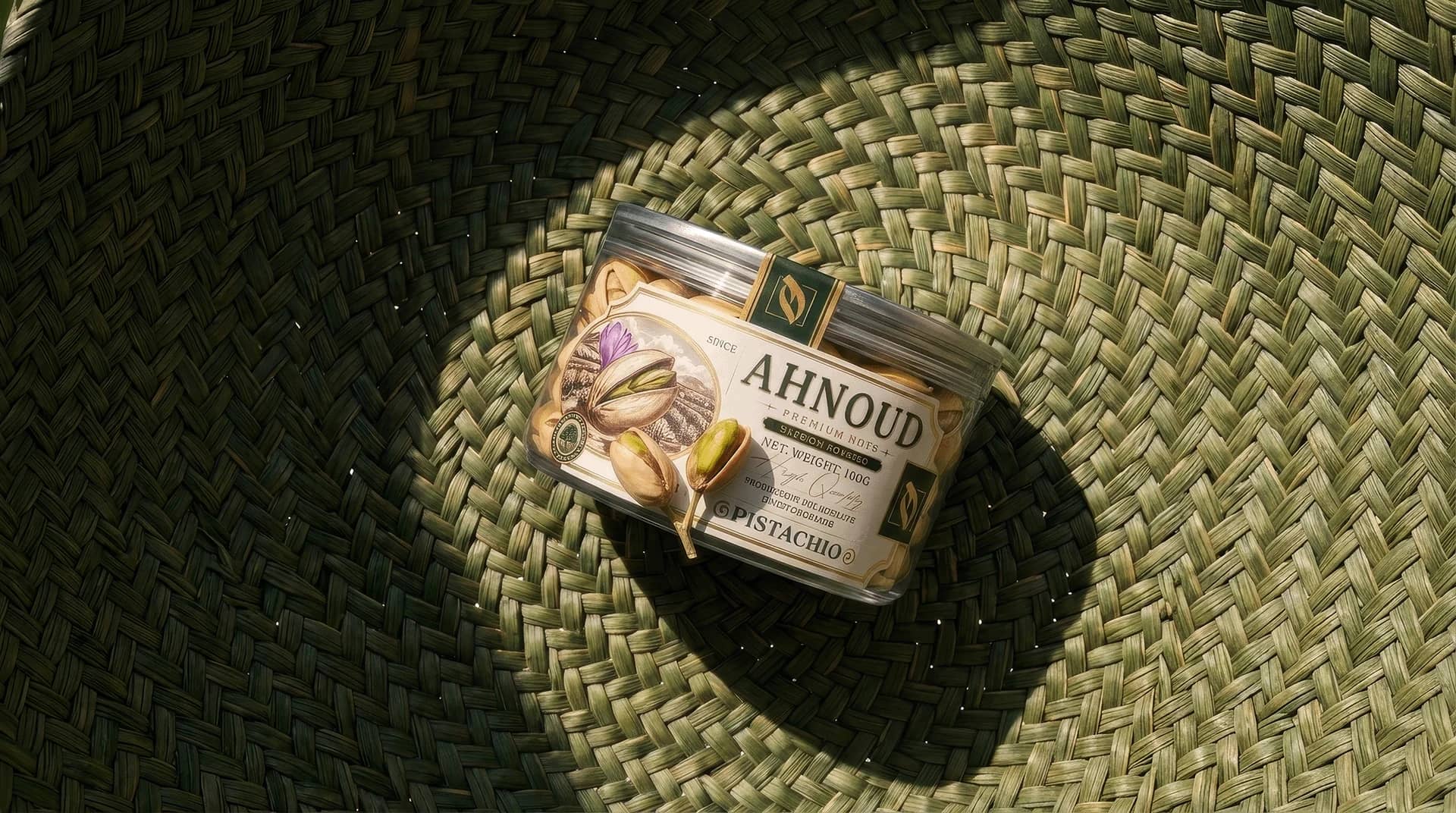 A 100 g can of Pistachio on a woven mat